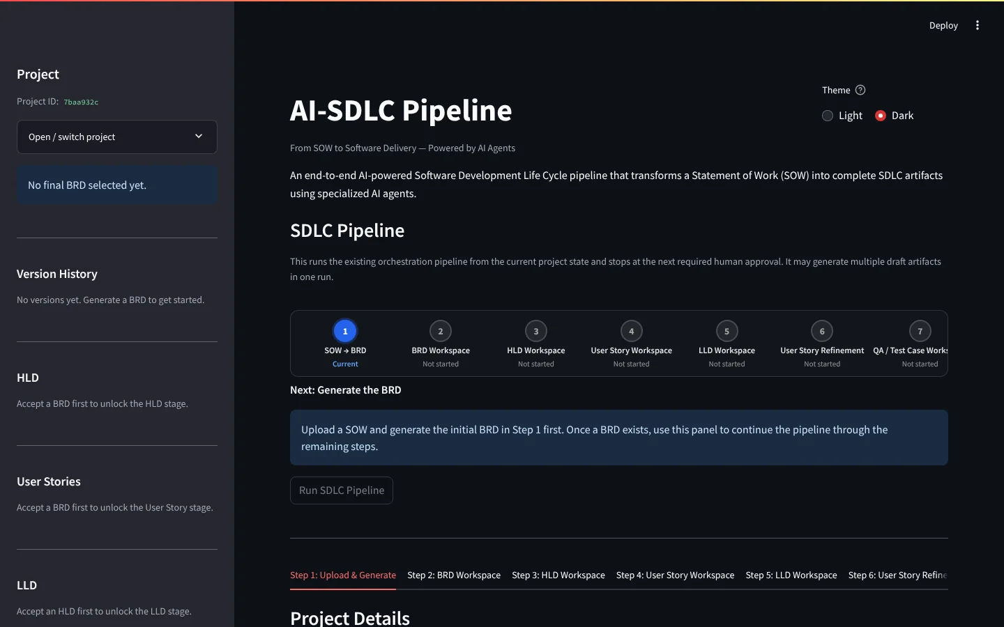 AI-SDLC Pipeline workspace with the seven pipeline stages