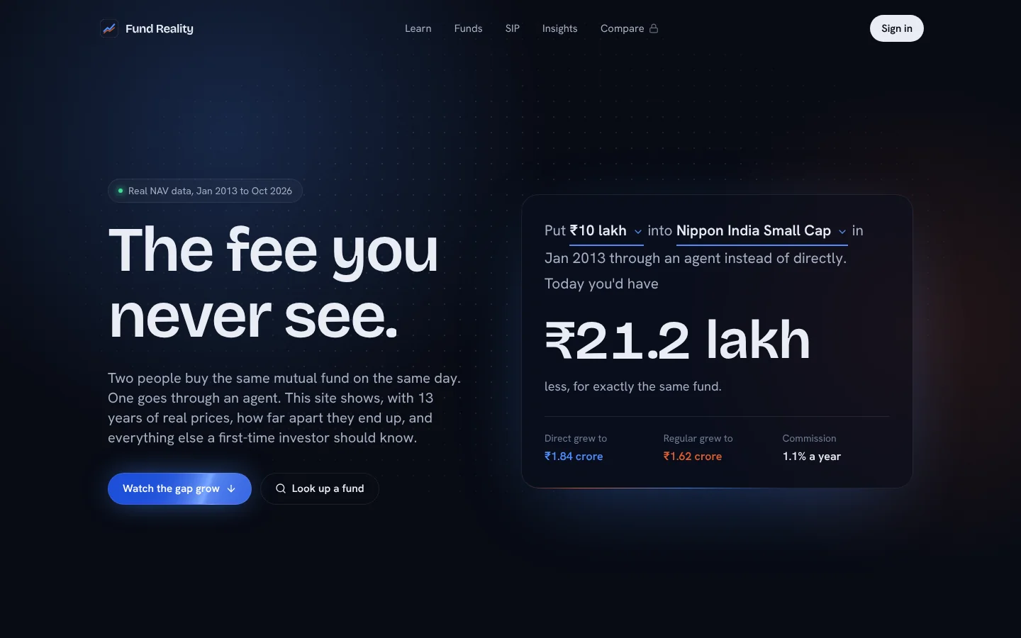 Fund Reality home page with the agent-cost calculator