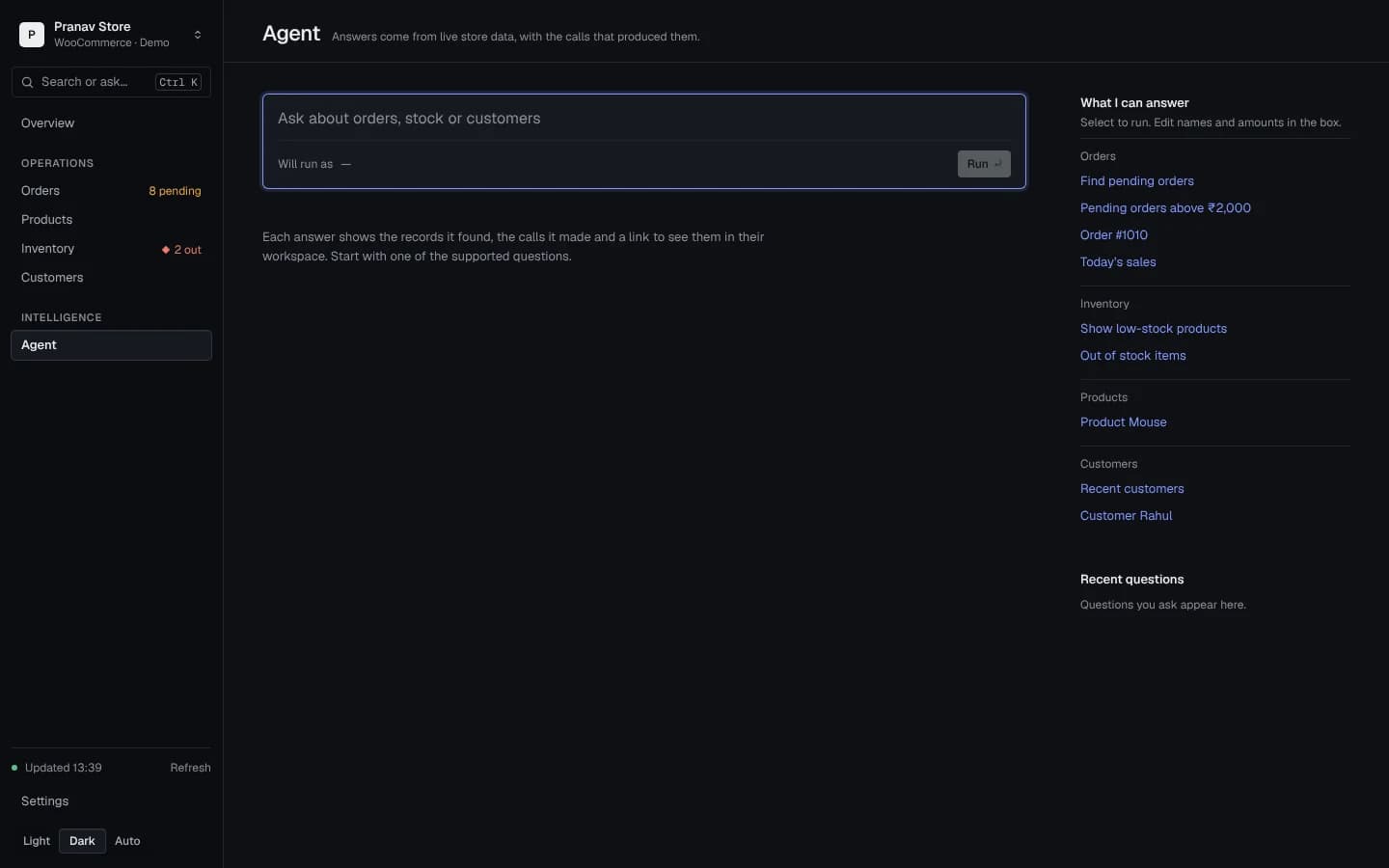 Agent page with suggested questions