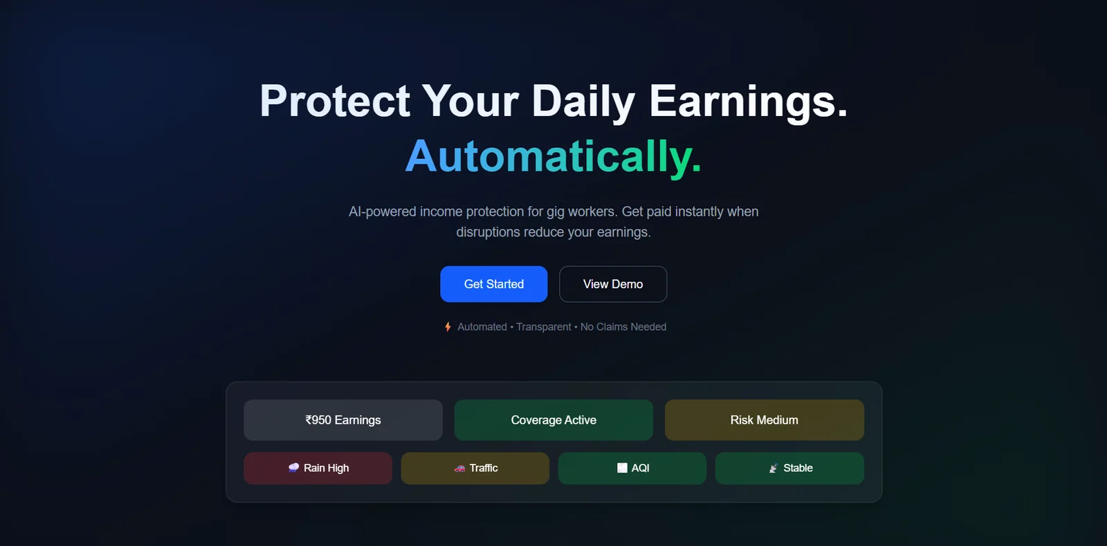 RiderShield landing page with live risk chips
